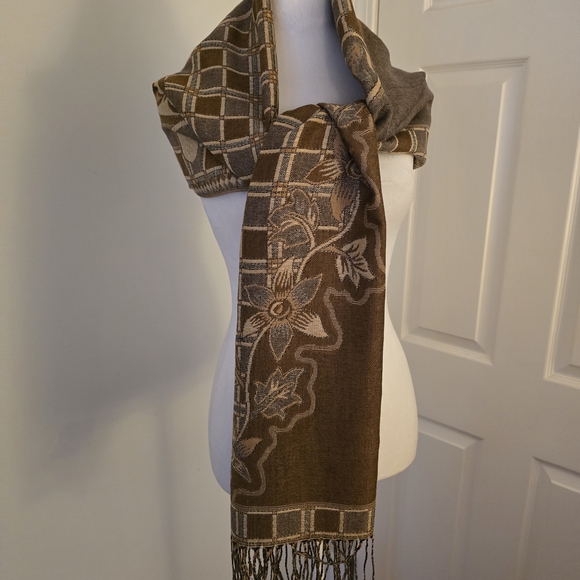 Accessory Street Gold Metallic/Brown Elegant Floral Check Long Scarf - Picture 1 of 12
